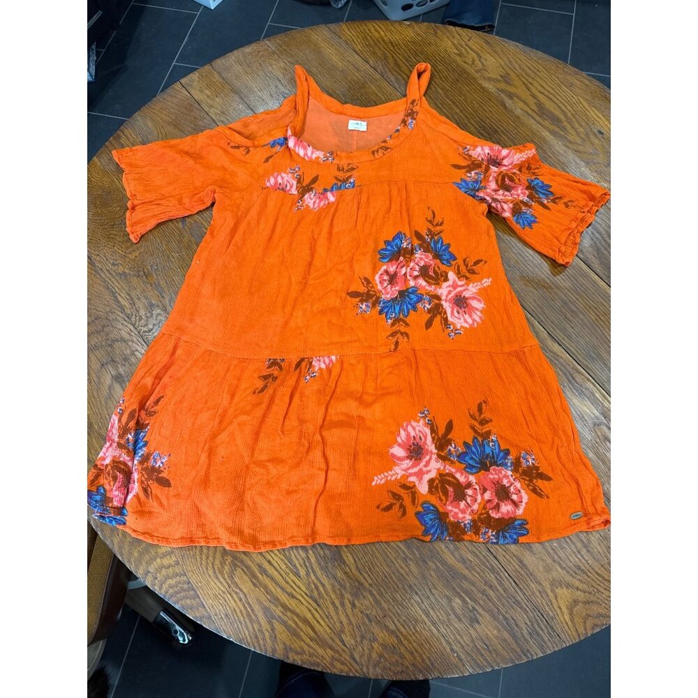 ONeill Womens Surf Beach Orange Floral Boho Loose Mini Cold Shoulder Dress Size